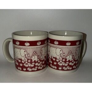 1978 Taylor & Ng Ceramic 2 Mugs Primitive Elephant Family w Apples Red MCM JAPAN